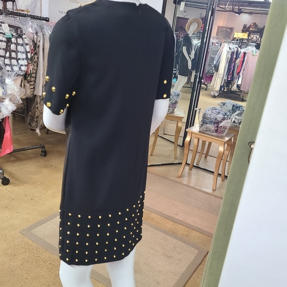 Michael Michael Kors Black Leather Gold Studded Midi Dress Size 0 - Picture 13 of 16